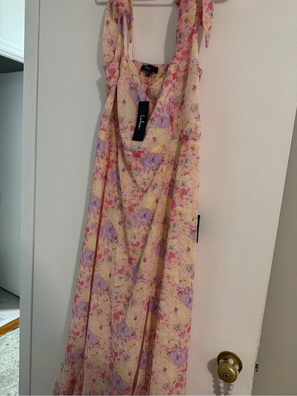 Lulu's Pastel Yellow Floral Tie-Shoulder Sundress with Lavender and Pink Blooms